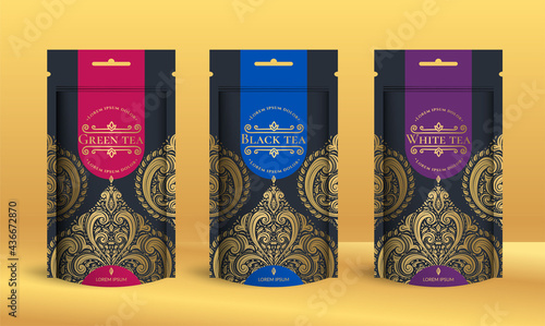 Set of tea packaging design with zip pouch bag mockup. Vector ornament template. Elegant, classic elements. Great for food, drink and other package types. Can be used for background and wallpaper.