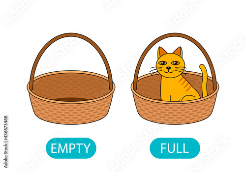 empty and full basket with a cat. the concept of teaching children the opposite adjective.