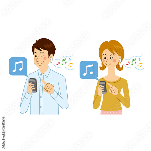 音楽アプリで音楽を聞く男女