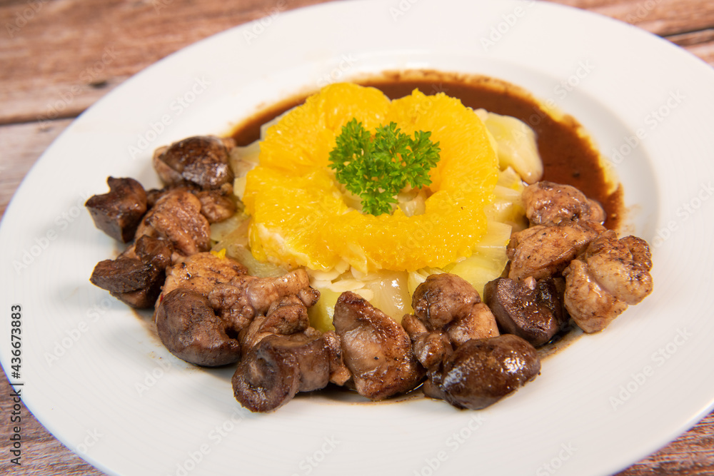 Recipe of sweetbread and lamb kidney with cocoa, leek whistles with almonds and oranges. High quality photo Recipe of sweetbread and lamb kidney with cocoa, leek whistles with almonds and oranges. High quality photo
