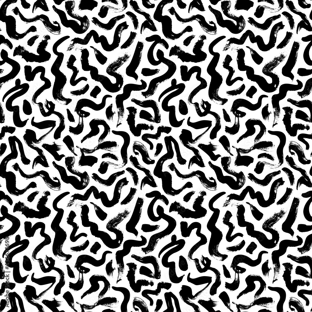 Curly waves hand drawn seamless pattern. Ink brush grunge vector texture. Black wavy lines on white background. Paint brushstrokes freehand drawing. Abstract wrapping paper, textile monochrome design.