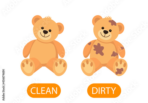 dirty and clean teddy bear plush toys. concept of children learning opposite adjectives clean and dirty.