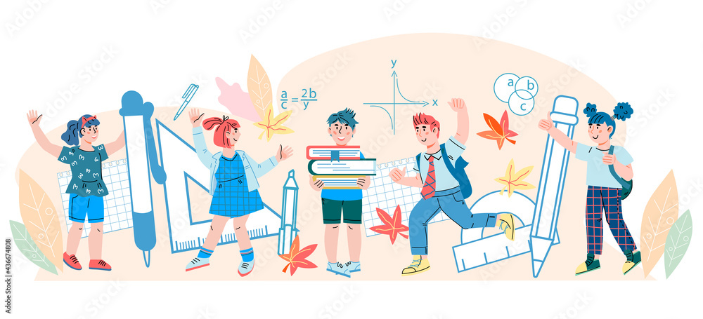 Back to school background with schoolchildren characters, cartoon vector illustration isolated on white background. Cheerful boys and girls going to school.
