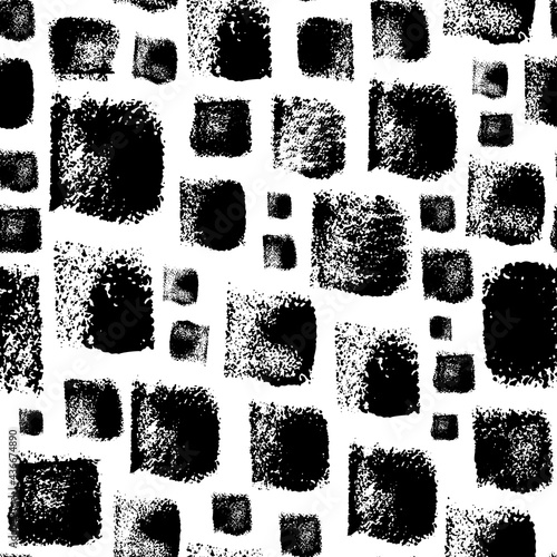 Vector seamless pattern with square brush strokes. Hand drawn abstract geometric background. Modern black and white ornament with bold and tiny square stamps. Grunge rectangles, ink illustration. 