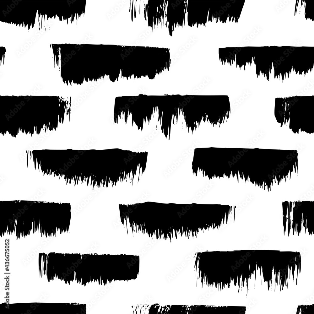 Brush strokes vector seamless pattern. Chaotic rough horizontal smears. Black paint freehand scribbles. Grungy daub, chaotic brush strokes on white background. Hand drawn grunge ink illustration.