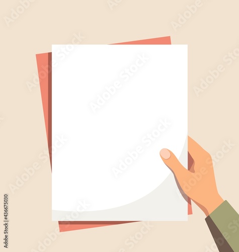 Hand holding empty white sheet of paper. Concept of notice, contract notify, announce, postcard, gesture, without list, placard. Flat style modern design vector illustration