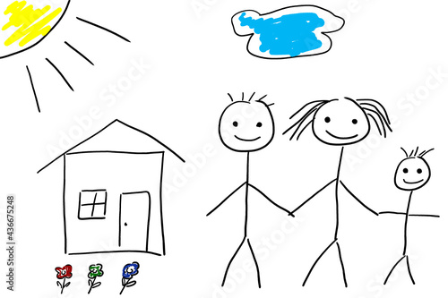 children's drawing of men. family near the house. yellow sun and blue cloud