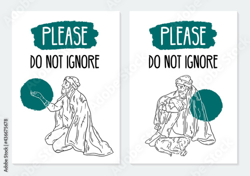 Concept of social posters about helping homeless people, vector sketch illustration of a male tramp.
