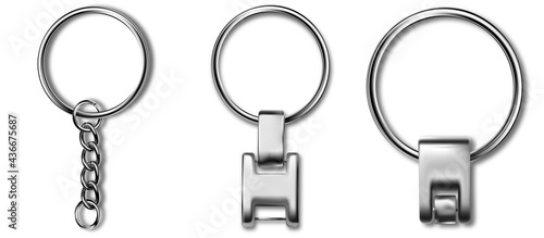 Holder trinket isolated on white background. Reallistic template metal keychain set. Trinket keyring, keyholder and breloque illustration.