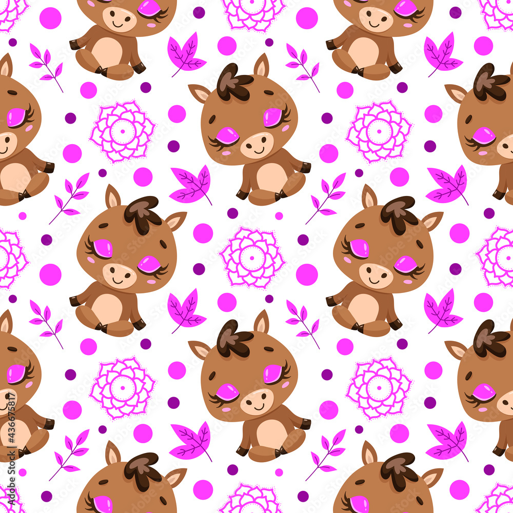 Obraz premium Cute cartoon farm animals meditation seamless pattern. Yoga animals pattern. Horse meditates pattern.