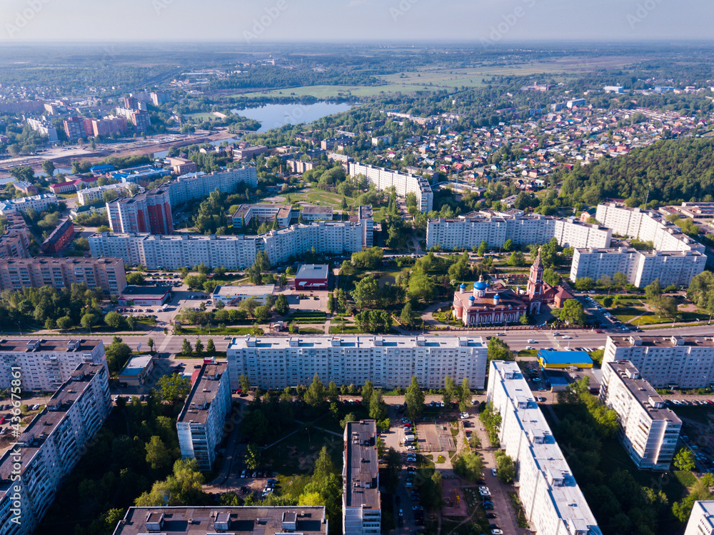 Picturesque view from drone of Orekhovo-Zuyevo modern cityscape with Orthodox Cathedral of Nativity of Blessed Virgin, Russia