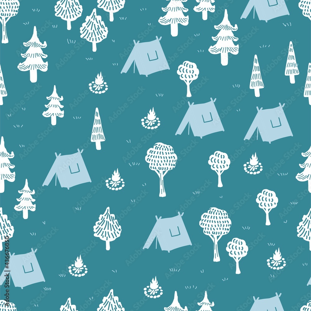 Camping ground forest vector graphic art seamless pattern