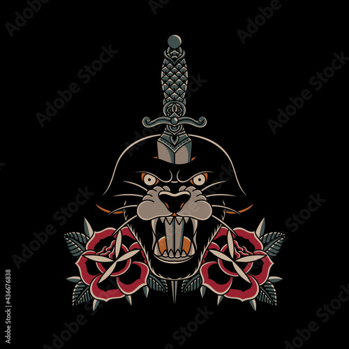illustration dagger lion head with roses traditional tattoo style