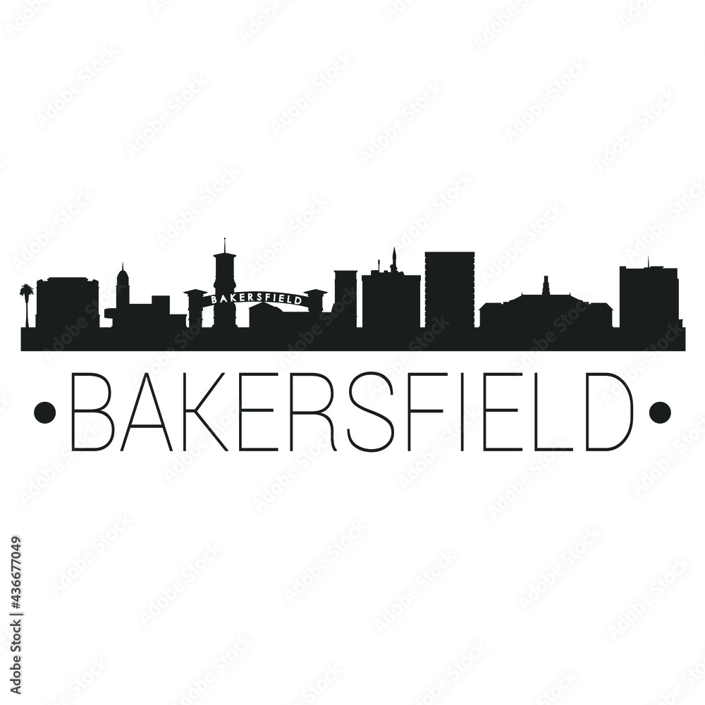 Bakersfield, CA, USA City Skyline. Silhouette Illustration Clip Art. Travel Design Vector Landmark Famous Monuments. - obrazy, fototapety, plakaty 