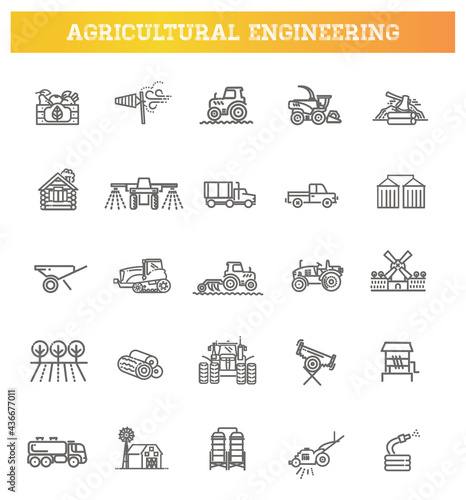 Agricultural and farming machines icons set with tractor combine flat vector illustration