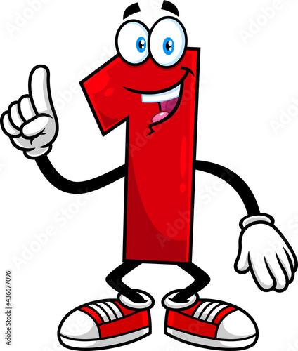 Funny Red Number One 1 Cartoon Character Showing Hand Number One. Vector Hand Drawn Illustration Isolated On Transparent Background