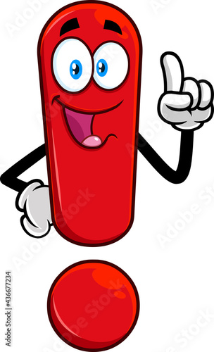 Cute Red Exclamation Mark Cartoon Character Pointing With Finger. Vector Hand Drawn Illustration Isolated On Transparent Background