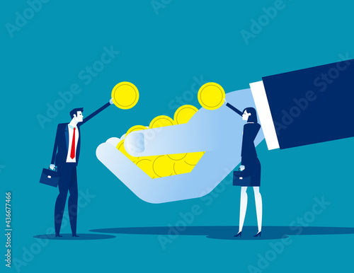 Young business characters donation coins. Charitable donation concept