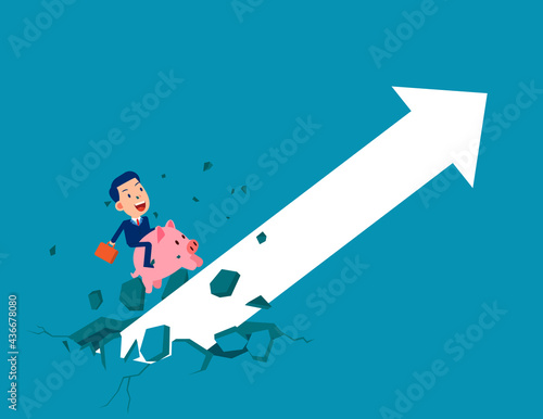 Riding piggy bank growing arrow. Broke through the ground and upward