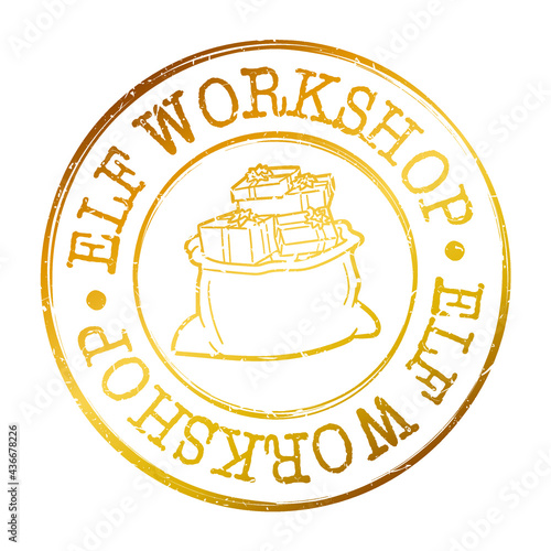 Elf Workshop Santa Claus Stamp Design. Icon Illustration Christmas Seal. Gift List Approved North Pole.