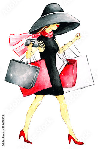 Confident, happy, attractive young woman in a black dress and hat, wearing holding shopping bags. Black Friday. Handrawn watercolor painted illustration.