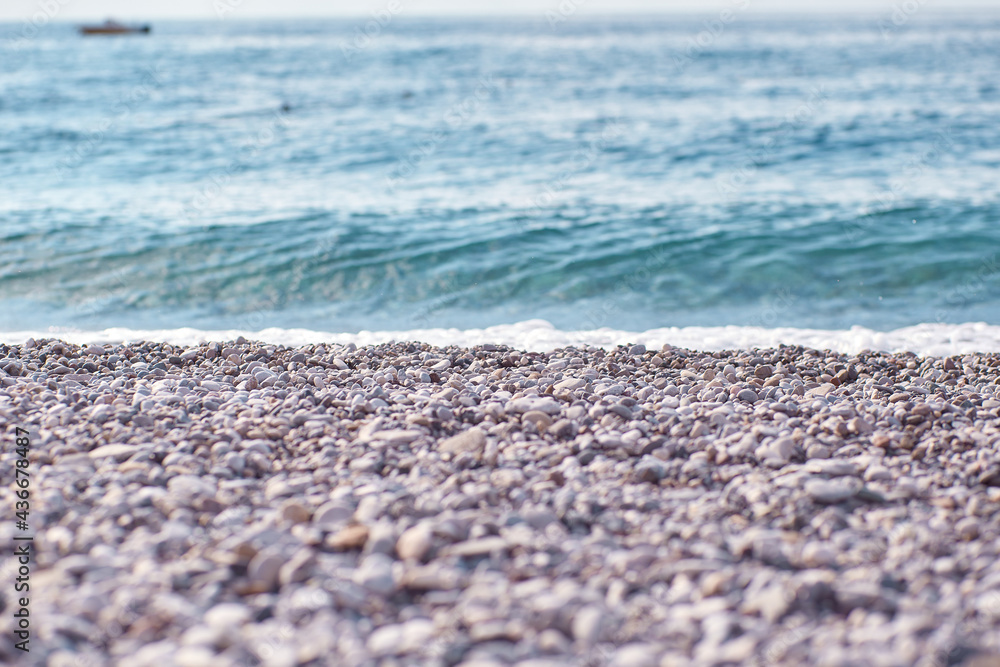 Bright Mediterranean sea and waves. Sunny day. Summer and rest. Summer fun concept. Beautiful wallpaper. Turquoise seawater Bright Mediterranean sea and waves. Sunny day. Summer and rest. Summer fun concept. Beautiful wallpaper. Turquoise seawater