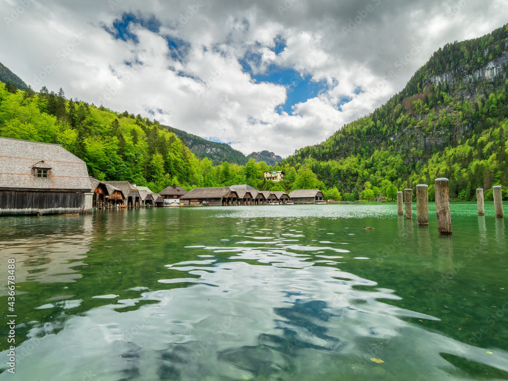 Naklejka premium Berchtesgaden Schönau Village shape with the Königssee lake and the boat house family