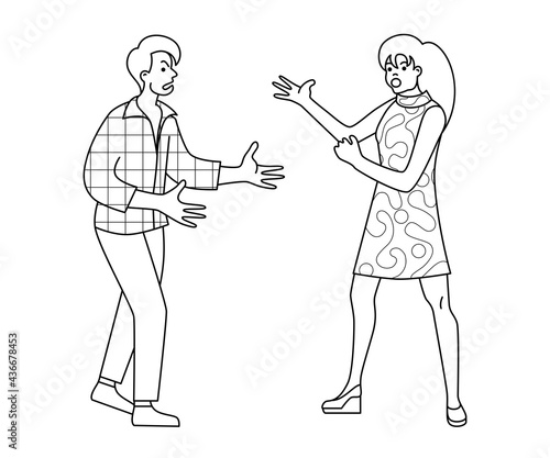 Wife screams at husband. Man and woman argue. Guy and girl swear. Negative emotions. Home conflict. Domestic violence. Contour drawing on an isolated white background.