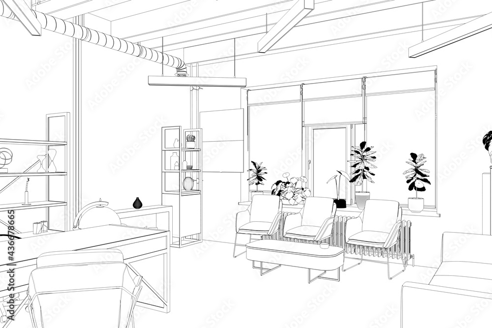 office contour visualization, 3D illustration, sketch, outline office contour visualization, 3D illustration, sketch, outline