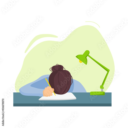 A tired girl at her desk. Flat cartoon illustration.