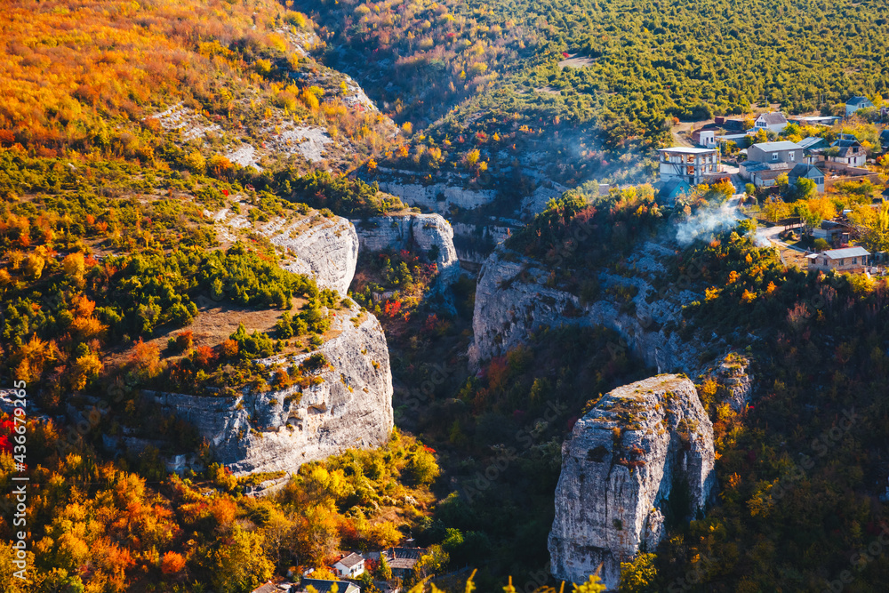 Panoramic mountain view of the canyon in sunny day.