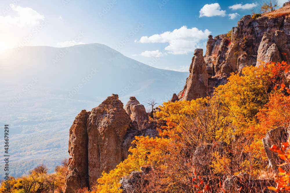 Strange stone pillars on the slopes of Mount Demerdzhi. Valley of ghosts, Crimean Mountains.