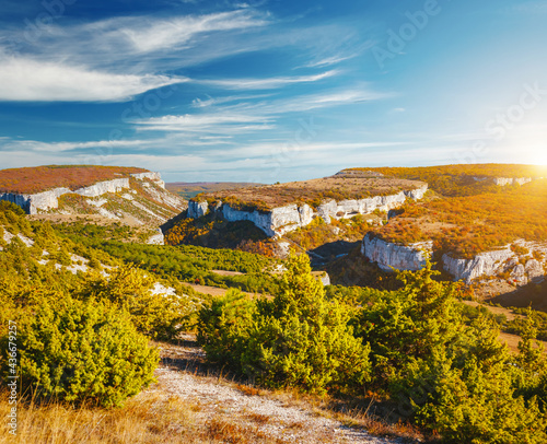 Panoramic mountain view of the plateau Besh-Kosh in sunny day. Chufut-Kale cave city  Crimean Mountains  Bakhchisaray.