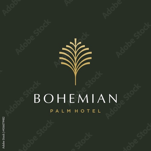 palm tree golden logo, coconut leaf logo vector icon illustration in Geometric minimal line style for holiday hotel vacation business