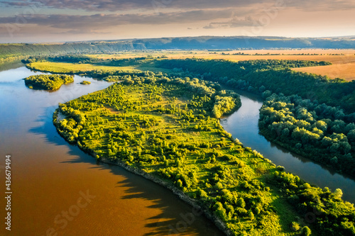 Picturesque bird's eye view of the Dniester river with small islands.