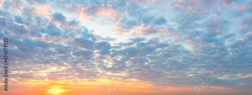 Delicate Panorama of Sunset Sunrise Sundown Sky with colorful clouds