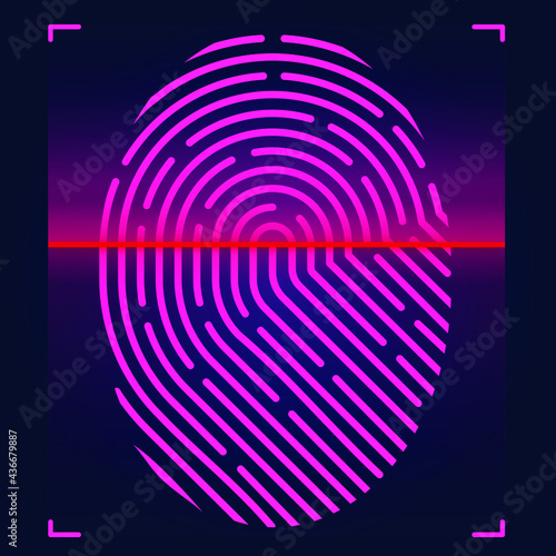 Fingerprint scanning concept. Digital biometric security system and data protection. Personal authorization screen. illustration isolated on dark background. Vector illustration