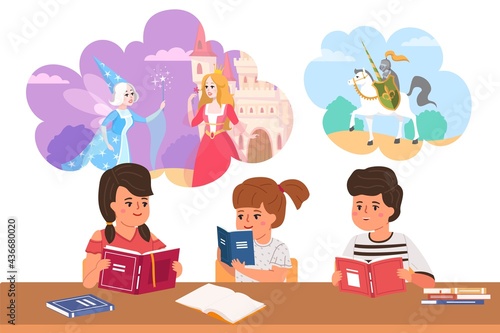 Kids read fairy tales. Cartoon children dream of princesses and knights. Boys and girls sit at table with books. Characters fantasize about dreamlike adventures. Vector pupils daydreaming