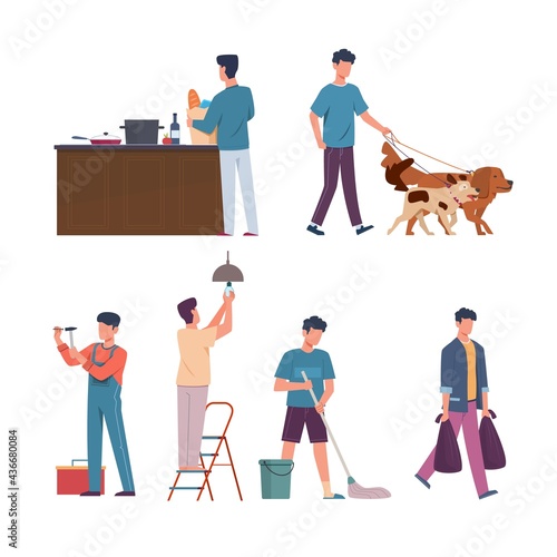 Men domestic affairs. Housekeeping concept. Male mops floor and takes out trash. Character repairs or changes bulbs. Person walks dogs, buys and cooks food. Vector household scenes set