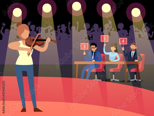 Talent show. Creative competition. Woman playing violin. Jury evaluates performance and give marks. Spotlights illuminate stage. Television musical program. Vector musician contest
