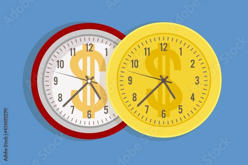 Working time cost. Expensive price for minutes and hours metaphor. Watch dial with dollar sign. Cartoon timepiece and golden coin. Comparison of money and seconds. Vector salary rate
