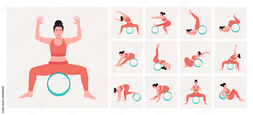 Vettoriale Stock Yoga poses with blocks. Young woman practicing Yoga pose.  Woman workout fitness, aerobic and exercises. Vector Illustration. | Adobe  Stock