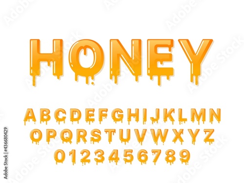 Honey font. Flowing syrup capital letters and numbers with droplets. Melting design alphabet. Sweet and stringy uppercase symbols set. Liquid alphabetical signs. Vector calligraphy