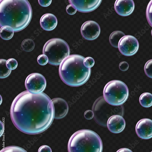 Realistic soap bubbles pattern. 3D seamless texture of flying foam. Underwater air balls on transparent background. Shampoo spheres with gradient and reflection. Vector shiny backdrop