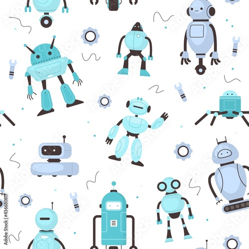 Seamless pattern kids robots. Funny childish robotic mascot, school inventions, modern technology, mechanic toys. Decor textile, wrapping paper wallpaper vector print or fabric