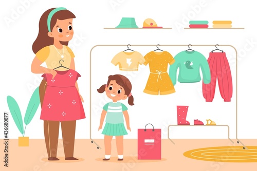 Kids clothing store. Girl with mother in boutique. Family shopping. Mom helps daughter choose dress. Child and parent buy garments. Clothes rack with hanger. Vector baby tries clothes