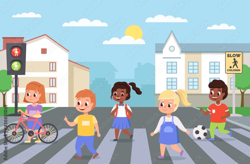 Kids walking crosswalk. Children cross road on zebra crossing. Girls and boys follow pedestrian rules. Safe stepping roadway. Urban landscape with traffic lights. Vector preschoolers