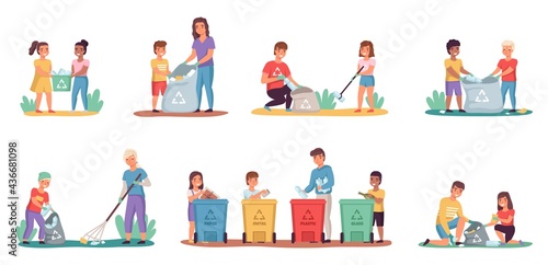 People sort garbage. Kids with parents clean up trash. Characters put rubbish in containers or bags for litter. Families take care of nature and ecology. Vector persons collect waste