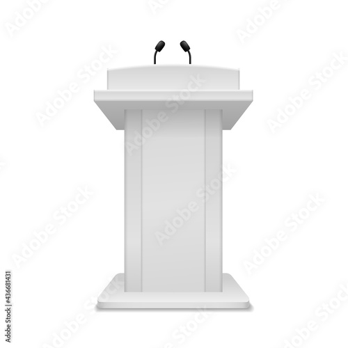 Podium speaker. Debate tribune white stand with microphone front view. Pedestal for lecture, award ceremony, press interview and political debate 3d empty platform for speakers vector illustration