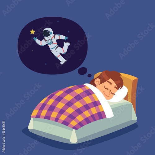 Children sleep. Kid in bed dreaming of space flight. Boy wants to become astronaut. Character thinking about cosmonaut and space exploration. Vector teenager imagines himself spaceman
